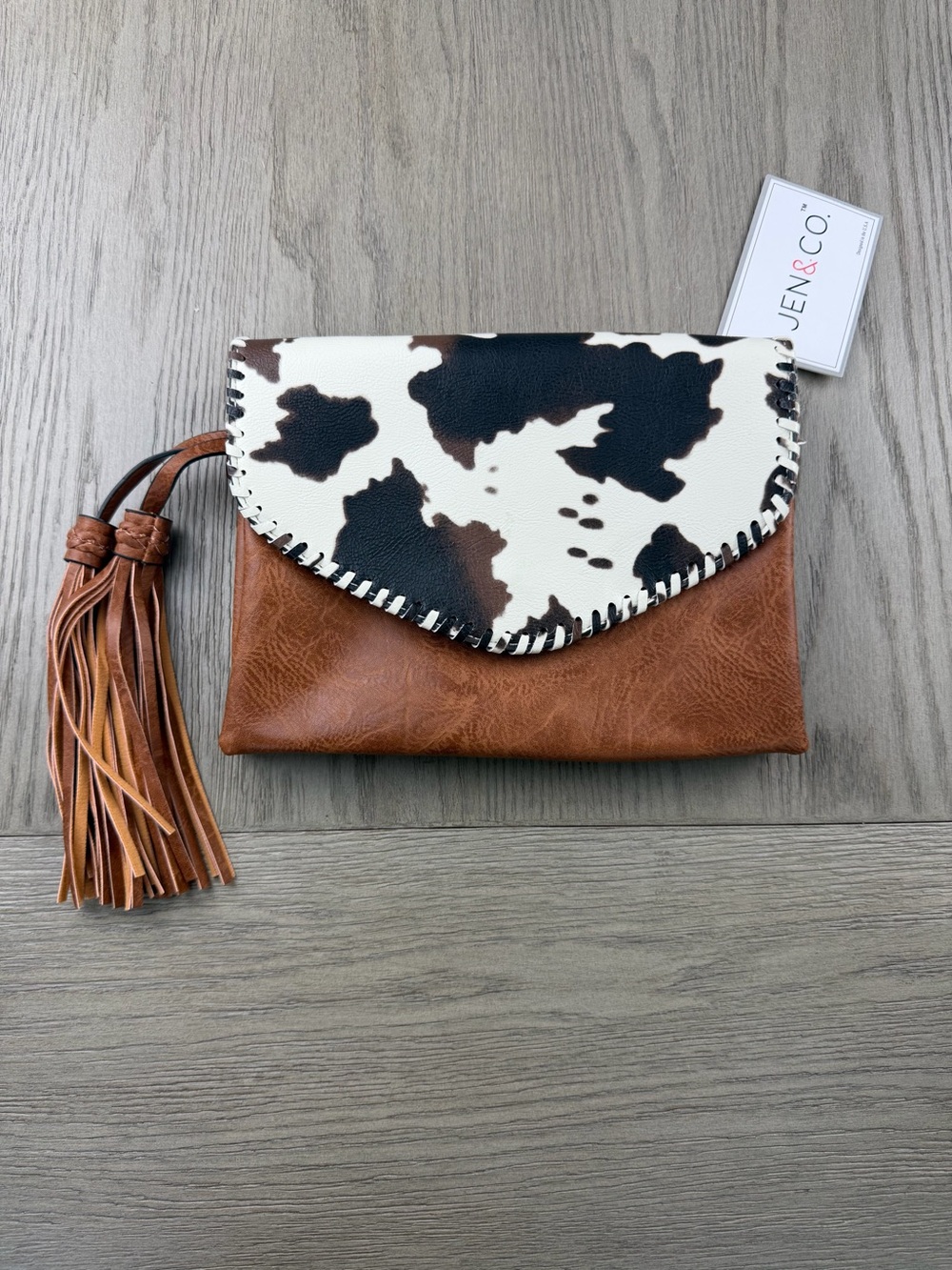Jen & Co. Sloane Leather Cow Print Whipstitch Crossbody Bag NWT